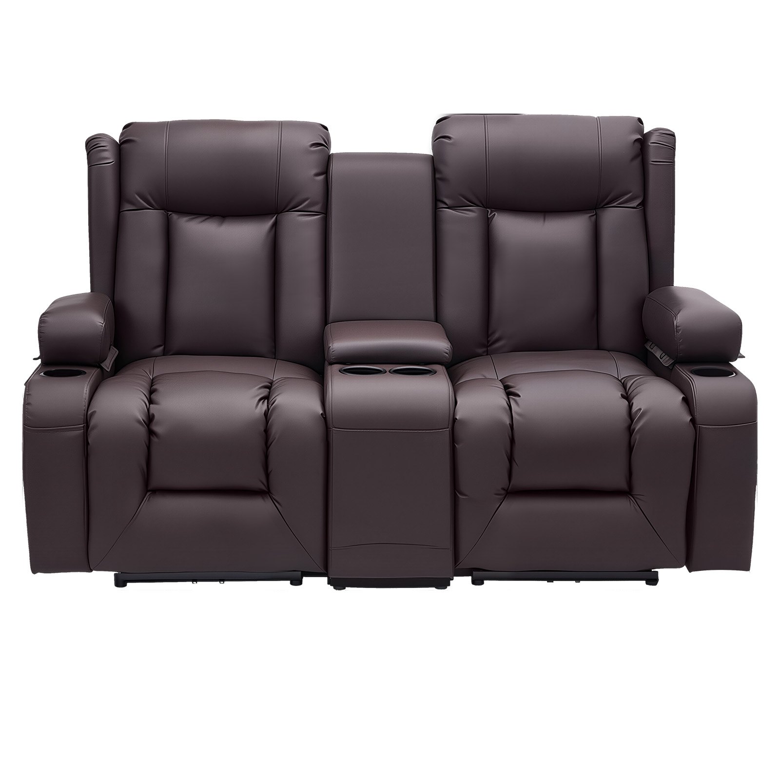VEVOR Sofá Reclinable de 2 Plazas, con Consola Central, Piel Sintética, Puertos USB, Portavasos y Compartimentos, para Dormitorio, Sala de Estar y Oficina, Color Marrón, 160,1 x 166,5 x 82 cm