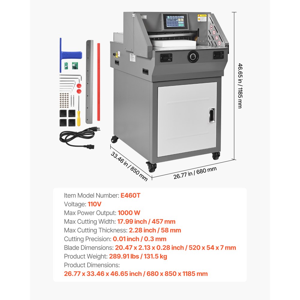 VEVOR Cortadora de Papel Eléctrica, Ancho de Corte 457 mm, Grosor de Corte 58 mm, con Función Infrarroja y Cuchilla de Repuesto, 1000 W, 680 x 850 x 1185 mm, para Imprentas, Colegios y Oficinas