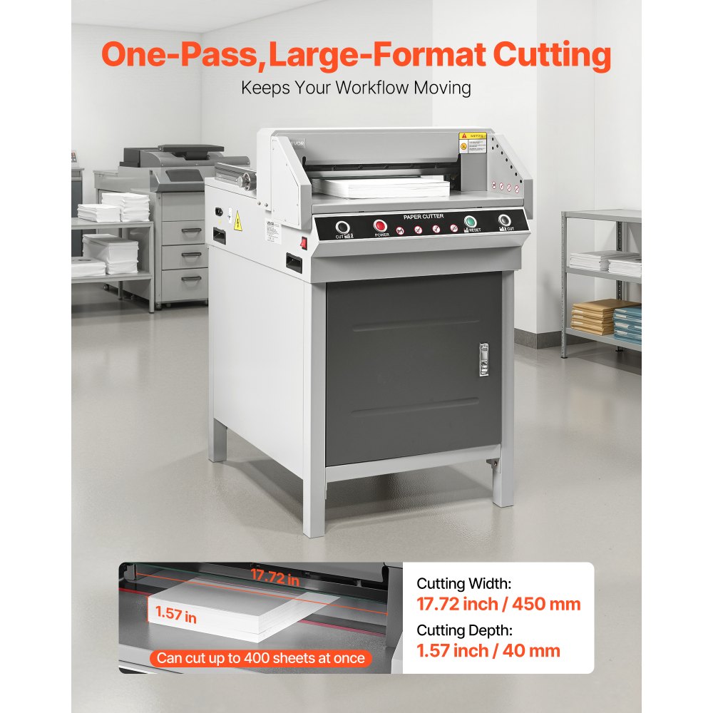 VEVOR Cortadora de Papel Eléctrica, de Alto Rendimiento y Eficiente, con Ancho de Corte 45 cm y Grosor de Corte 4 cm, Incluye Función Infrarroja, Cuchilla de Repuesto y 500 W, 650 x 770 x 1010 mm