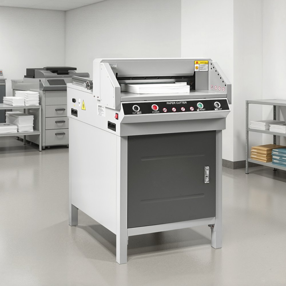 VEVOR Cortadora de Papel Eléctrica, de Alto Rendimiento y Eficiente, con Ancho de Corte 45 cm y Grosor de Corte 4 cm, Incluye Función Infrarroja, Cuchilla de Repuesto y 500 W, 650 x 770 x 1010 mm