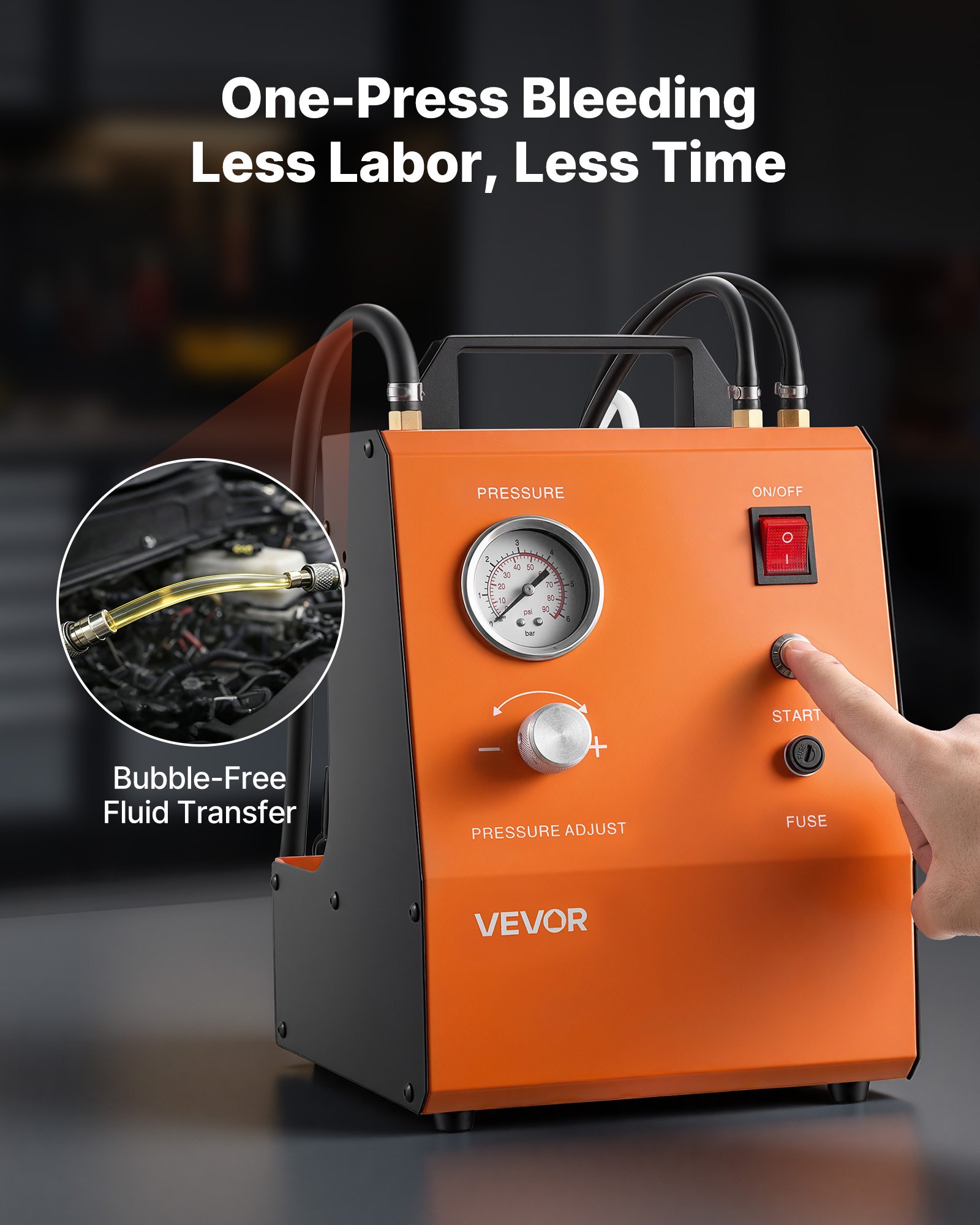 VEVOR Purgador de Frenos Eléctrico, Presión Ajustable de 0,6-3 bar, Máquina Automatizada para Cambio de Líquido de Frenos de Coche, con 7 Adaptadores, Compatible con la Mayoría de los Vehículos
