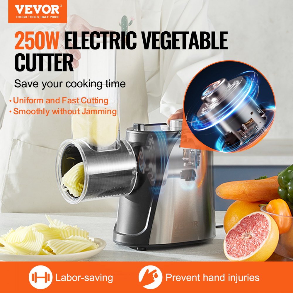 VEVOR Molinillo Rallador de Queso Eléctrico de Alta Potencia 250 W Cortadora de Verduras con 5 Cuchillas Diferentes Ensaladora de Acero Inoxidable y ABS Cortador de Verduras Queso, Cocina, Restaurante