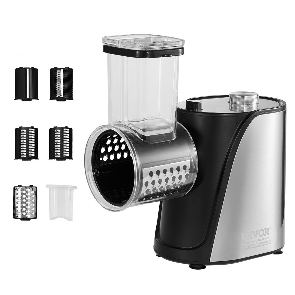 VEVOR Molinillo Rallador de Queso Eléctrico de Alta Potencia 250 W Cortadora de Verduras con 5 Cuchillas Diferentes Ensaladora de Acero Inoxidable y ABS Cortador de Verduras Queso, Cocina, Restaurante