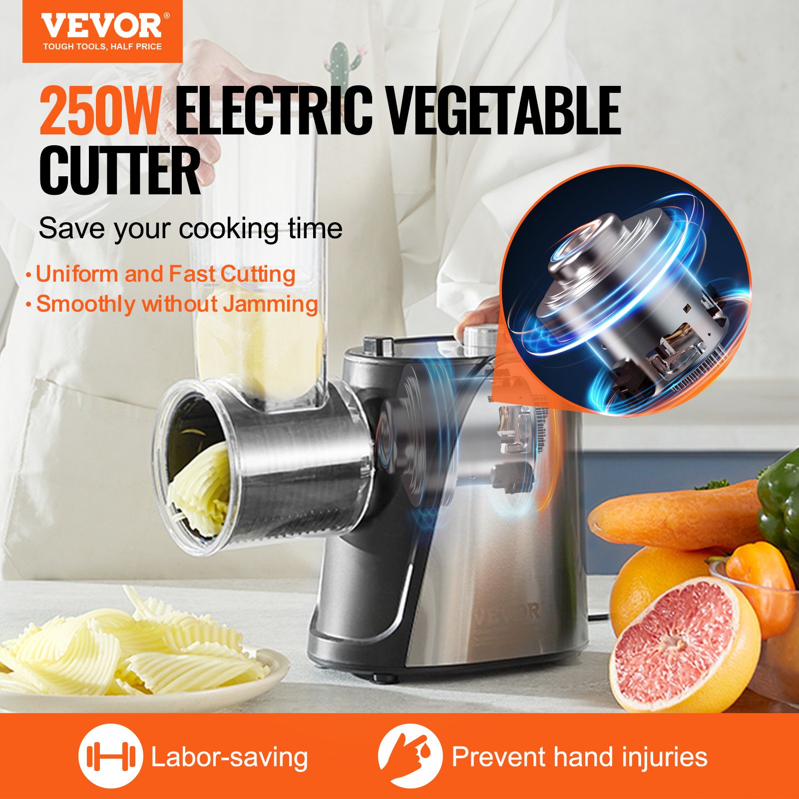 VEVOR Molinillo Rallador de Queso Eléctrico de Alta Potencia 250 W Cortadora de Verduras con 5 Cuchillas Diferentes Ensaladora de Acero Inoxidable y ABS Cortador de Verduras Queso, Cocina, Restaurante
