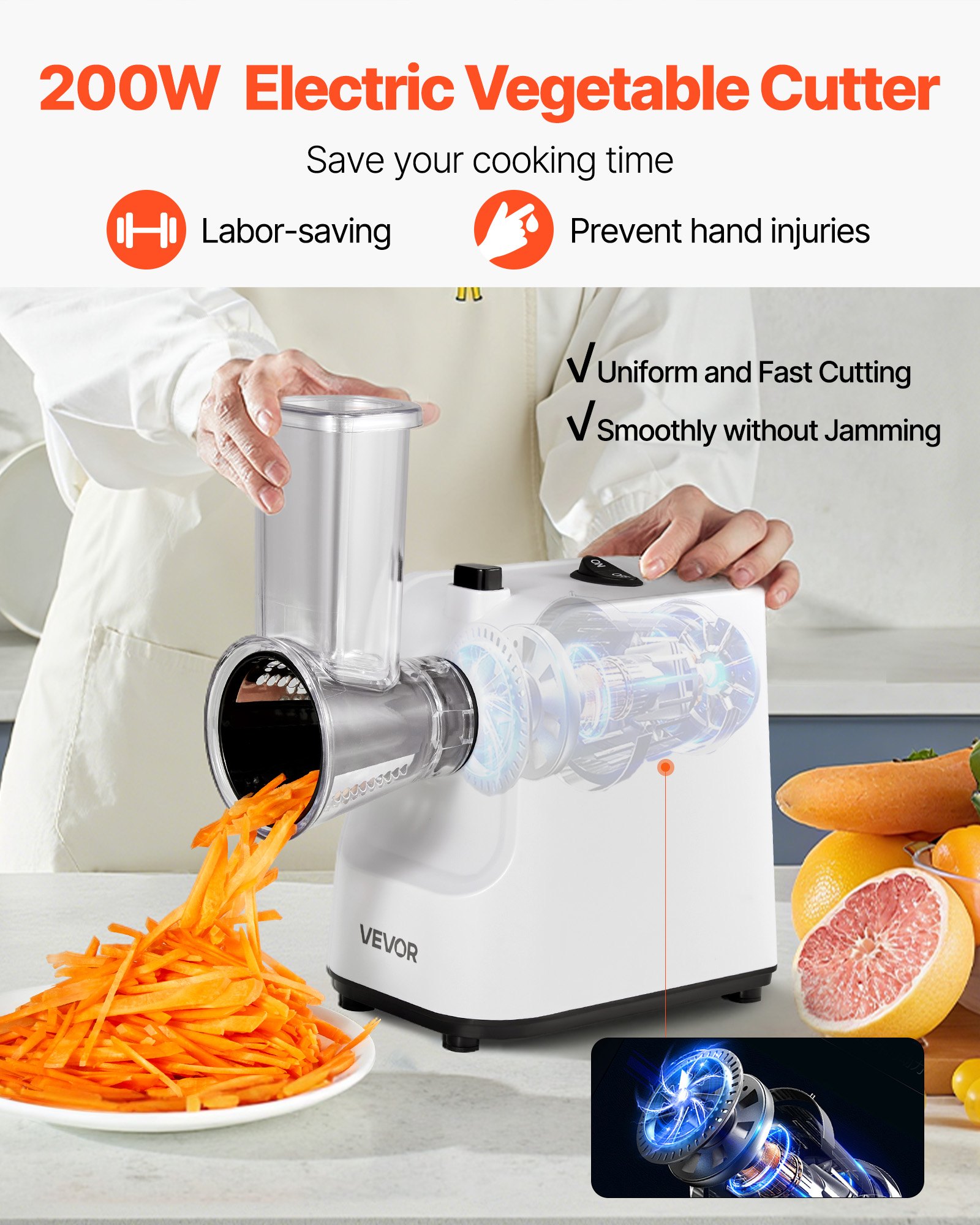 VEVOR Rallador de Queso Eléctrico 5 en 1, ABS, Cortador de Ensaladas de 200 W, con 5 Accesorios, Cuchillas de Acero Inoxidable para Verduras y Queso, Corte Rápido, 240 x 125 x 270 mm, Blanco