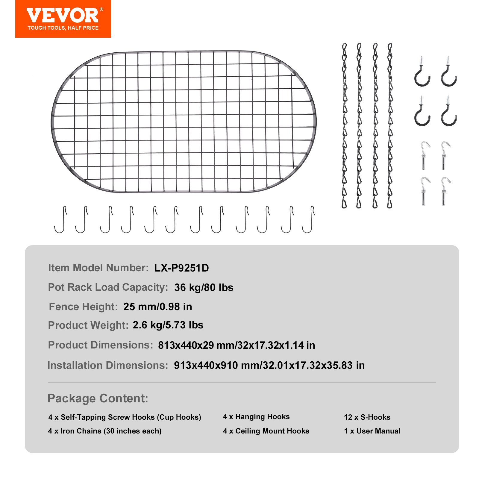 VEVOR Estante colgante para macetas de 32 pulgadas, soporte de techo con 12 ganchos en S, peso de carga de 80 libras, ideal para el hogar, restaurante, utensilios de cocina de cocina, utensilios de