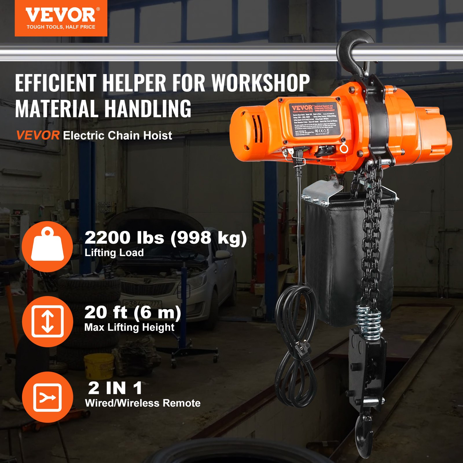 Polipasto de cadena eléctrico VEVOR, carga de 2200 lb, altura de elevación de 20 pies, velocidad de 6,9 pies/min, 230 V, grúa aérea monofásica con cadena, control remoto inalámbrico de 328 pies y con cable de 15 pies para garaje, tienda y hogar