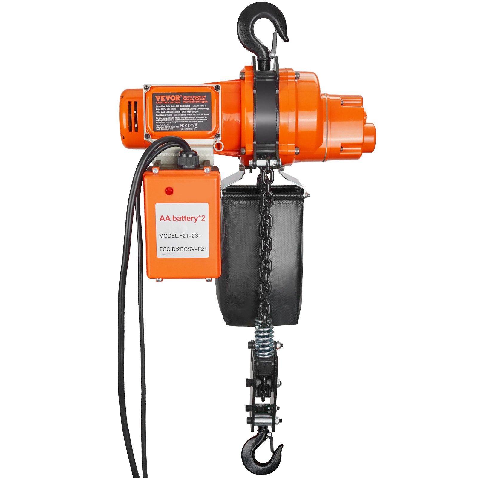 Polipasto de cadena eléctrico VEVOR, carga de 2200 lb, altura de elevación de 20 pies, velocidad de 6,9 pies/min, 230 V, grúa aérea monofásica con cadena, control remoto inalámbrico de 328 pies y con cable de 15 pies para garaje, tienda y hogar