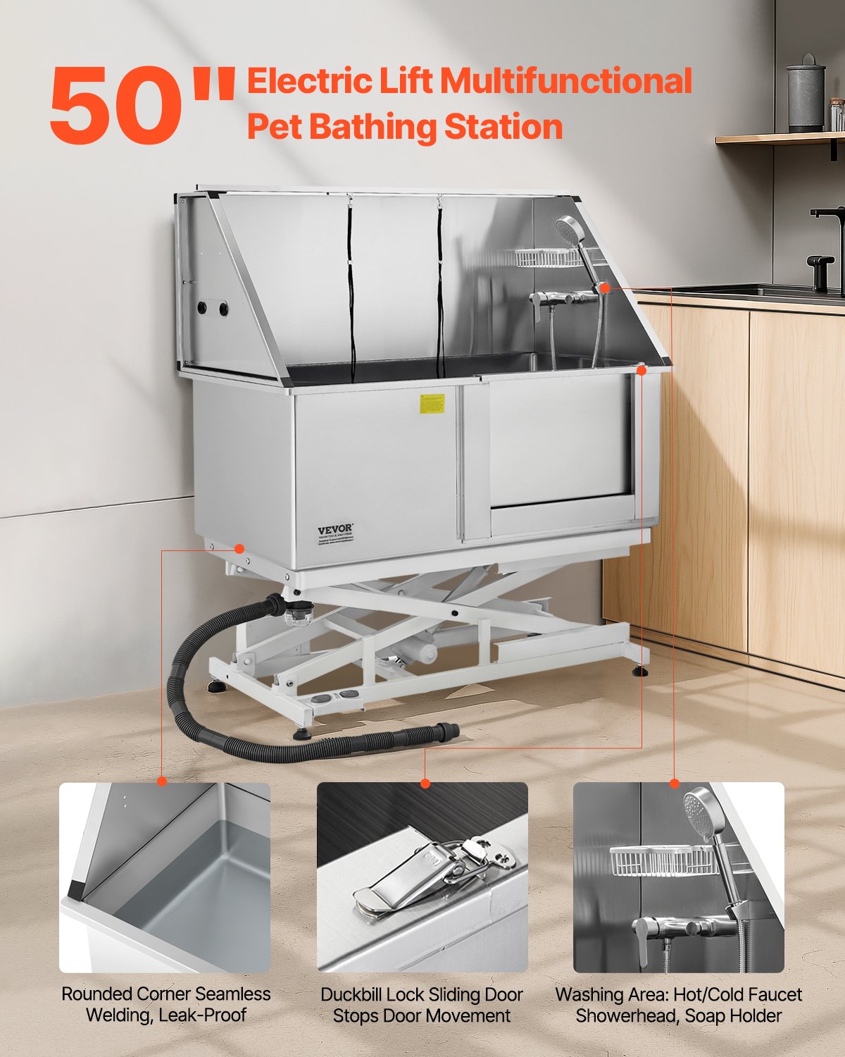 VEVOR Estación de Lavado de Perros con Elevación Eléctrica, Bañera de Acero Inoxidable 127 cm con Filtro de Agua de Polietileno, Grifo y Cabezal de Ducha, Fregadero para Mascotas, Puerta Derecha
