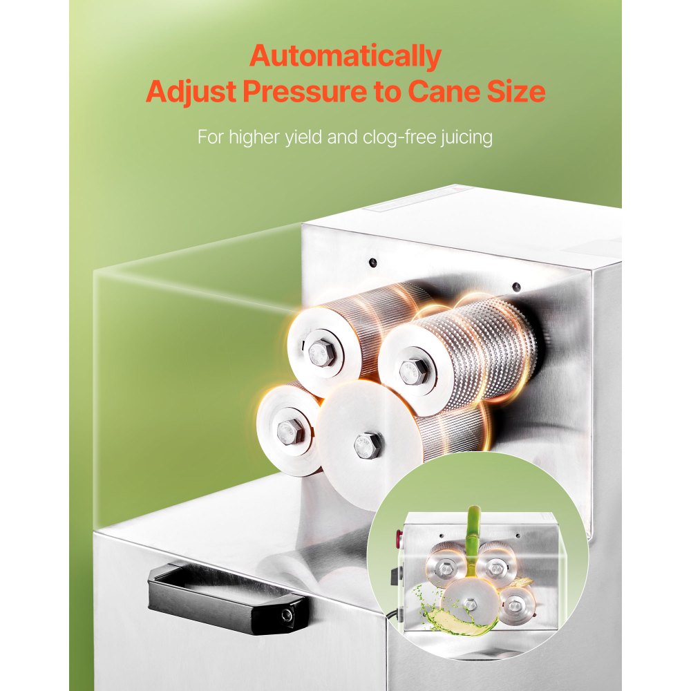 VEVOR Exprimidor de Caña de Azúcar Eléctrico 800 W, 300 kg/h, 4 Rodillos de Acero Inoxidable SUS 304 con Ajuste Automático, para Bares de Jugos, Puestos y Mercados Nocturnos, 550 x 380 x 520 mm