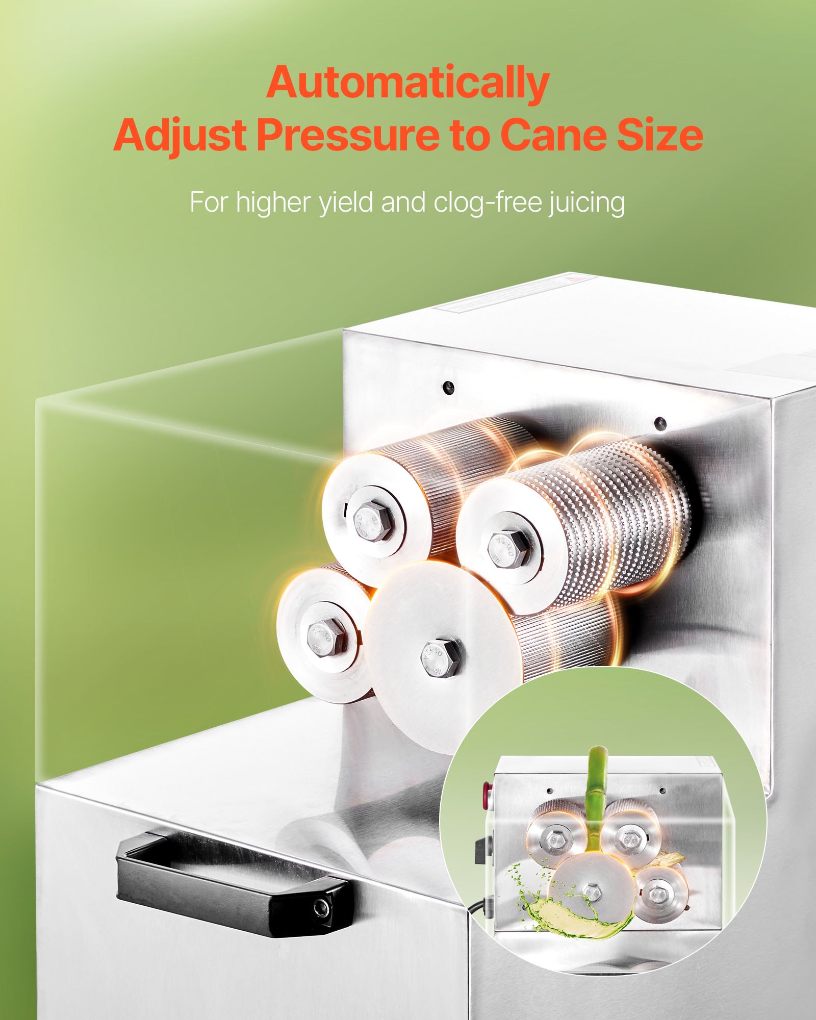 VEVOR Exprimidor de Caña de Azúcar Eléctrico 800 W, 300 kg/h, 4 Rodillos de Acero Inoxidable SUS 304 con Ajuste Automático, para Bares de Jugos, Puestos y Mercados Nocturnos, 550 x 380 x 520 mm