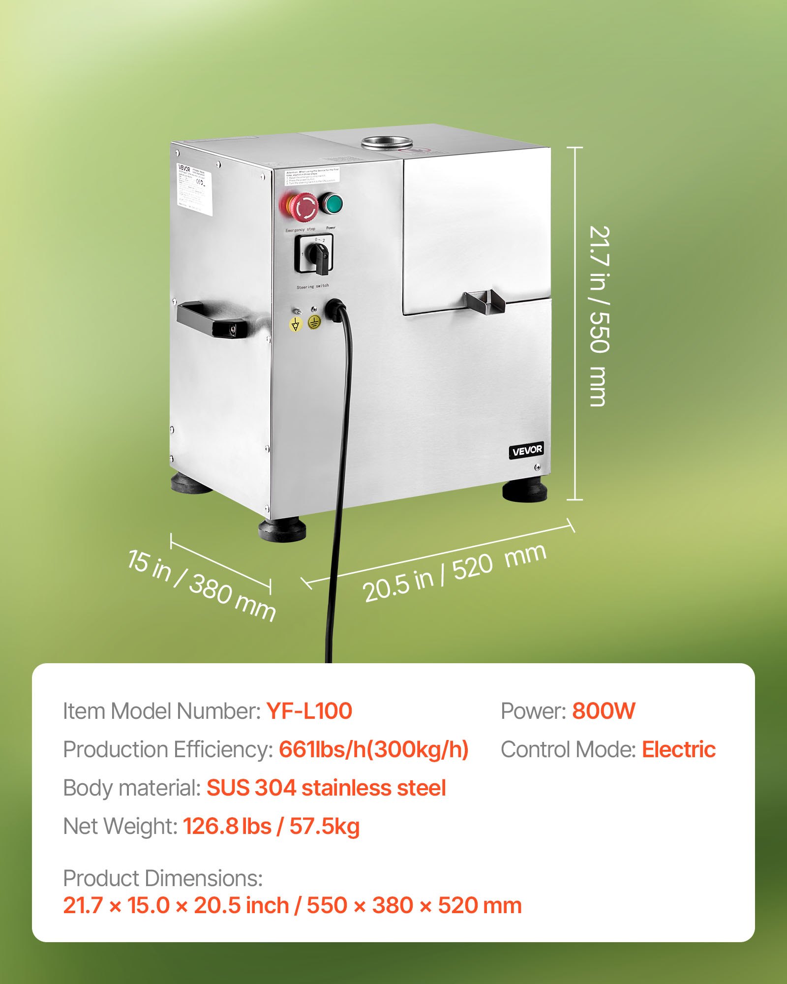 VEVOR Exprimidor de Caña de Azúcar Eléctrico 800 W, 300 kg/h, 4 Rodillos de Acero Inoxidable SUS 304 con Ajuste Automático, para Bares de Jugos, Puestos y Mercados Nocturnos, 550 x 380 x 520 mm