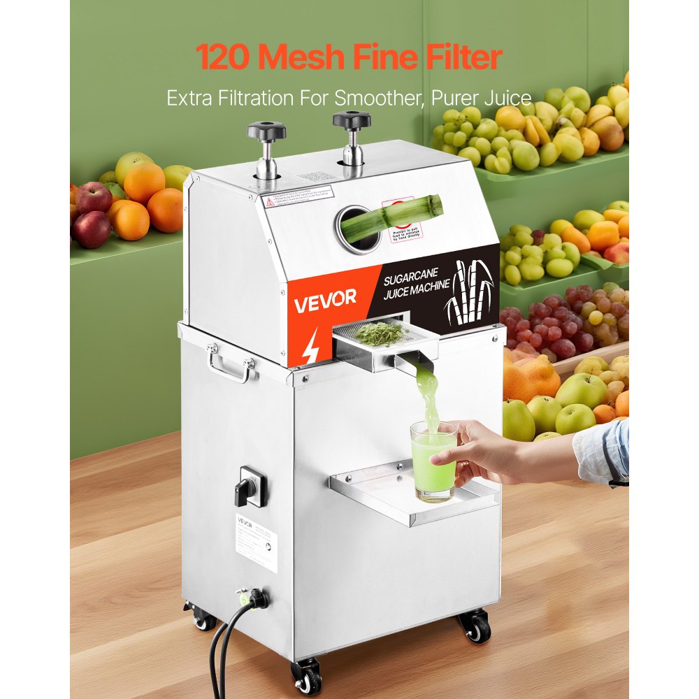 VEVOR Exprimidor Eléctrico de Caña de Azúcar 750W, Capacidad de Producción 300 KG/H, Prensador de Acero Inoxidable, Extractor con Ruedas, Puerto de 62 mm, para Uso Doméstico Comercial Restaurante