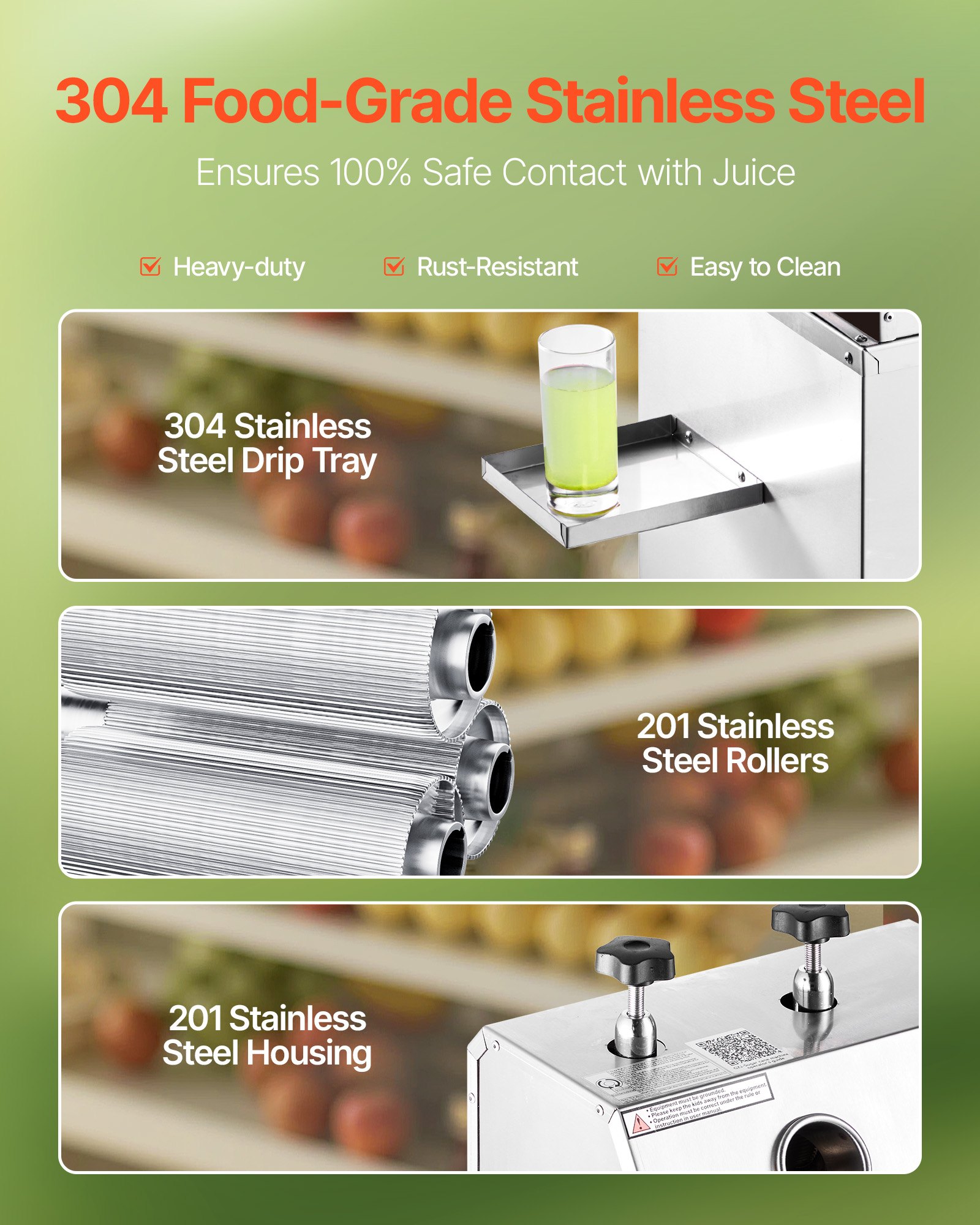 VEVOR Exprimidor Eléctrico de Caña de Azúcar 750W, Capacidad de Producción 300 KG/H, Prensador de Acero Inoxidable, Extractor con Ruedas, Puerto de 62 mm, para Uso Doméstico Comercial Restaurante