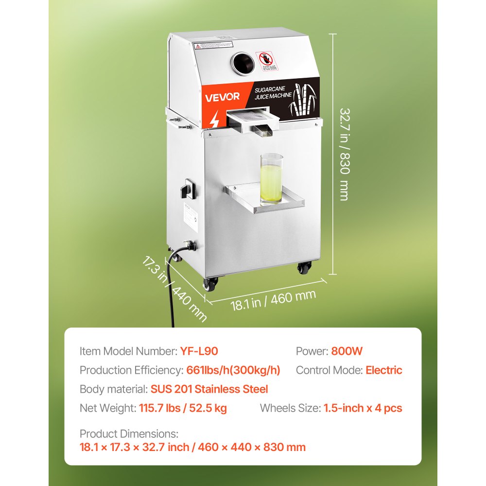 Exprimidor de caña de azúcar comercial VEVOR, máquina exprimidora eléctrica de 800 W con alto rendimiento de 300 kg/h, 3 rodillos de acero inoxidable, exprimidor de caña de azúcar con ruedas para uso doméstico y comercial.