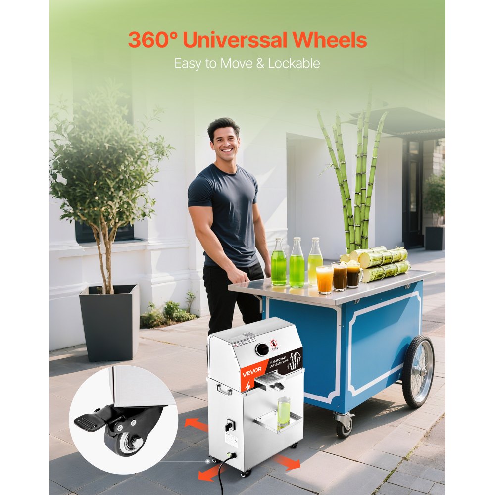 VEVOR Commercial Sugar Cane Juicer, 800W Electric Sugarcane Juicer Machine with 300KG/H High Output, 3 Stainless Steel Rollers, Sugar Cane Press Juice Extractor Squeezer on Wheels for Home/Commercial