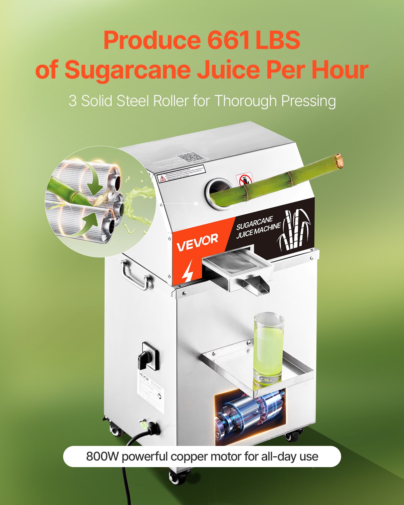 VEVOR Commercial Sugar Cane Juicer, 800W Electric Sugarcane Juicer Machine with 300KG/H High Output, 3 Stainless Steel Rollers, Sugar Cane Press Juice Extractor Squeezer on Wheels for Home/Commercial