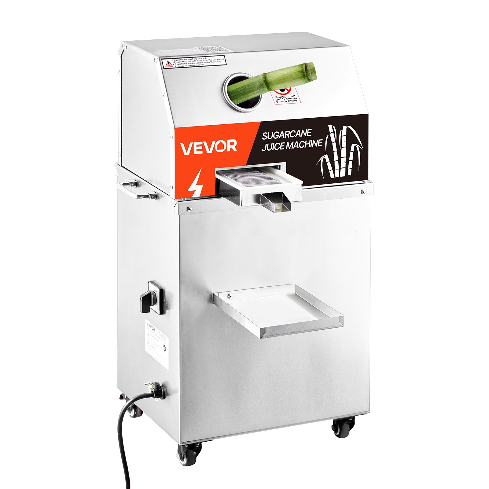 VEVOR Commercial Sugar Cane Juicer, 800W Electric Sugarcane Juicer Machine with 300KG/H High Output, 3 Stainless Steel Rollers, Sugar Cane Press Juice Extractor Squeezer on Wheels for Home/Commercial