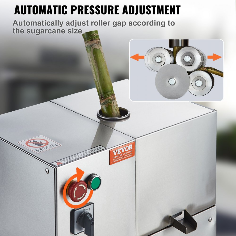 VEVOR Electric Sugarcane Juicer, 800W Sugarcane Juicer with 300 kg/h High Output, 4 Stainless Steel Rollers, 60.96 mm Large Inlet, incl. Peeling Blade Sugarcane Juicer Commercial