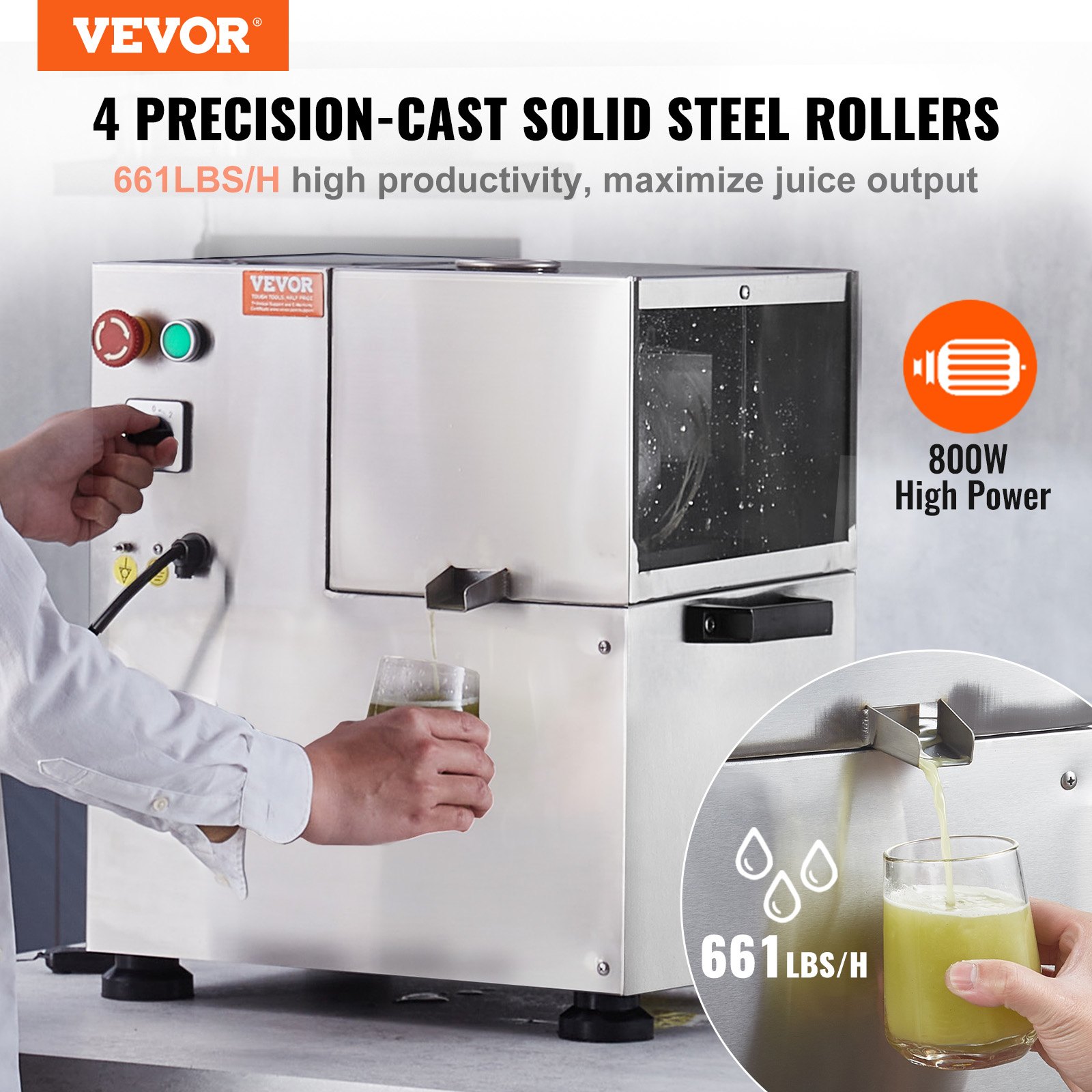 VEVOR Electric Sugarcane Juicer, 800W Sugarcane Juicer with 300 kg/h High Output, 4 Stainless Steel Rollers, 60.96 mm Large Inlet, incl. Peeling Blade Sugarcane Juicer Commercial