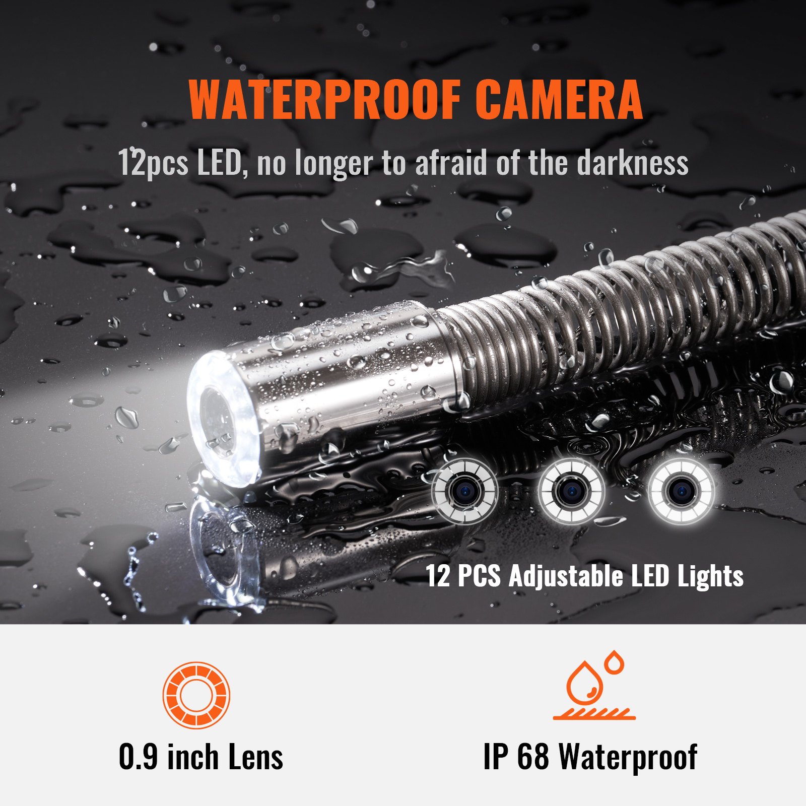 VEVOR sewer camera with 512 Hz tracking, 91.5 m range, 23 cm pipe inspection camera with DVR function, IP68 camera with 12 adjustable LEDs, a 16 GB SD card for sewer lines, house, sewer, drain pipe