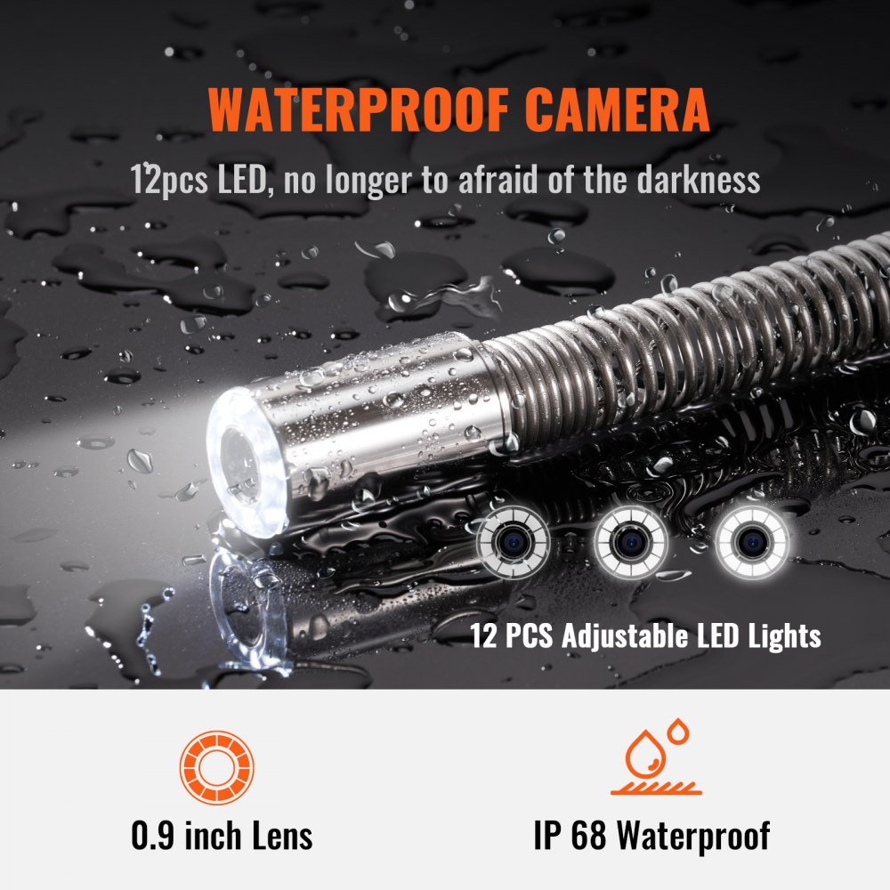 VEVOR Cámara Endoscópica de Drenaje Pantalla de 9" con IP68 Impermeable Batería de 4500 mAh 12 LED Ajustable Cable de 50m Tarjeta SD de 16GB para Tubería de Alcantarillado Drenaje de Plomería en Hogar