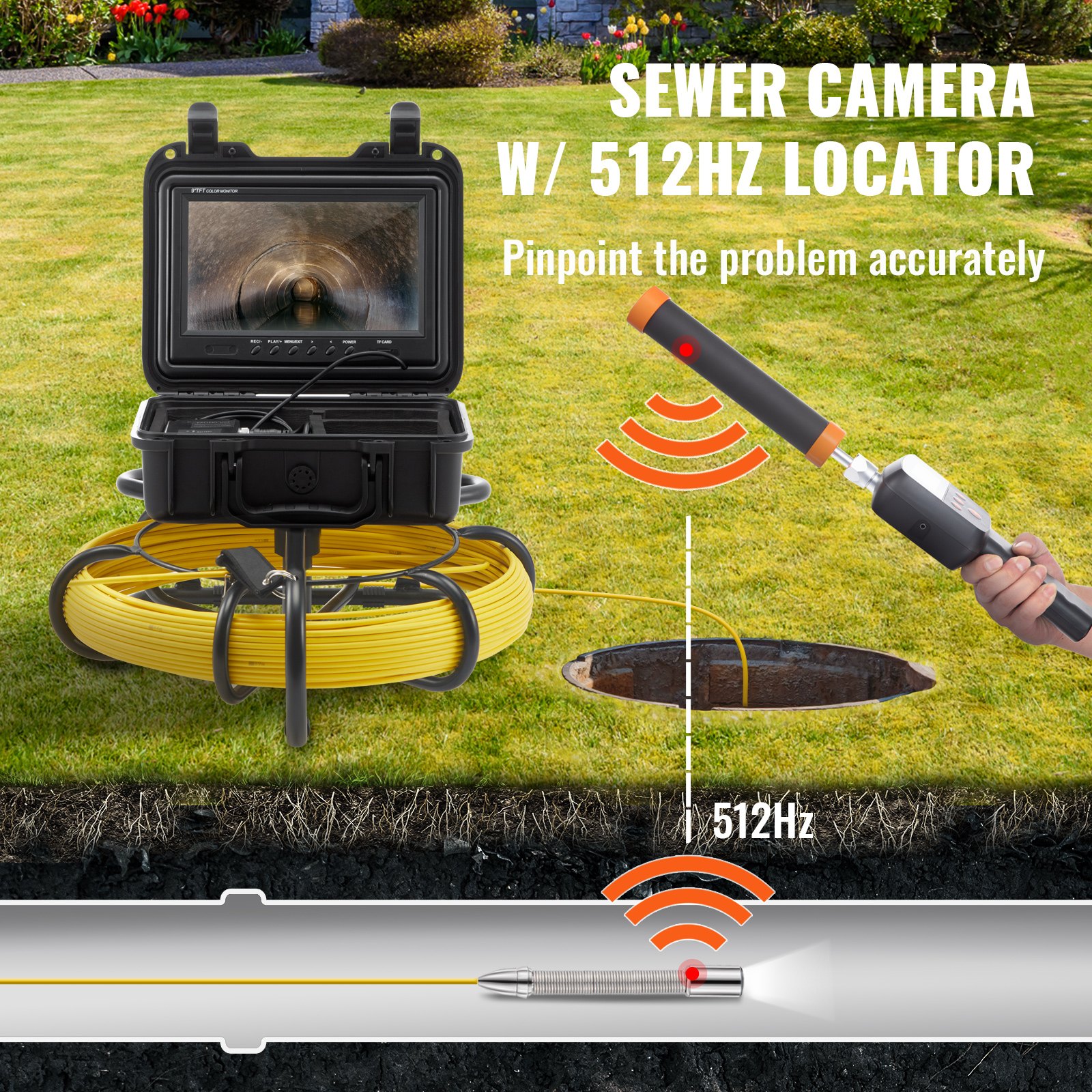 VEVOR Cámara Endoscópica de Drenaje Pantalla de 9" con IP68 Impermeable Batería de 4500 mAh 12 LED Ajustable Cable de 50m Tarjeta SD de 16GB para Tubería de Alcantarillado Drenaje de Plomería en Hogar