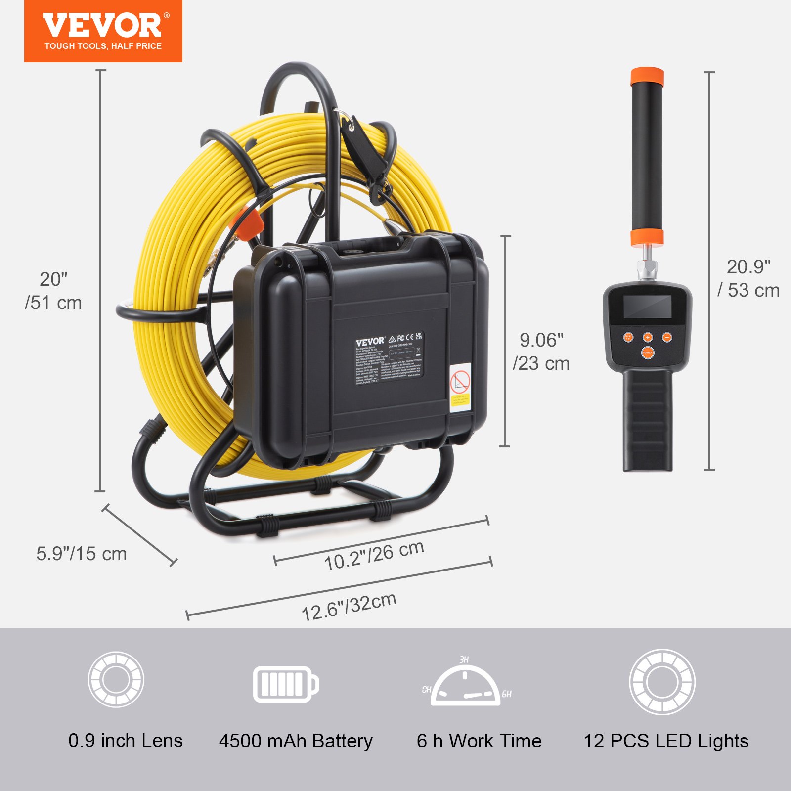 VEVOR Cámara Endoscópica de Drenaje Pantalla de 9" con IP68 Impermeable Batería de 4500 mAh 12 LED Ajustable Cable de 50m Tarjeta SD de 16GB para Tubería de Alcantarillado Drenaje de Plomería en Hogar