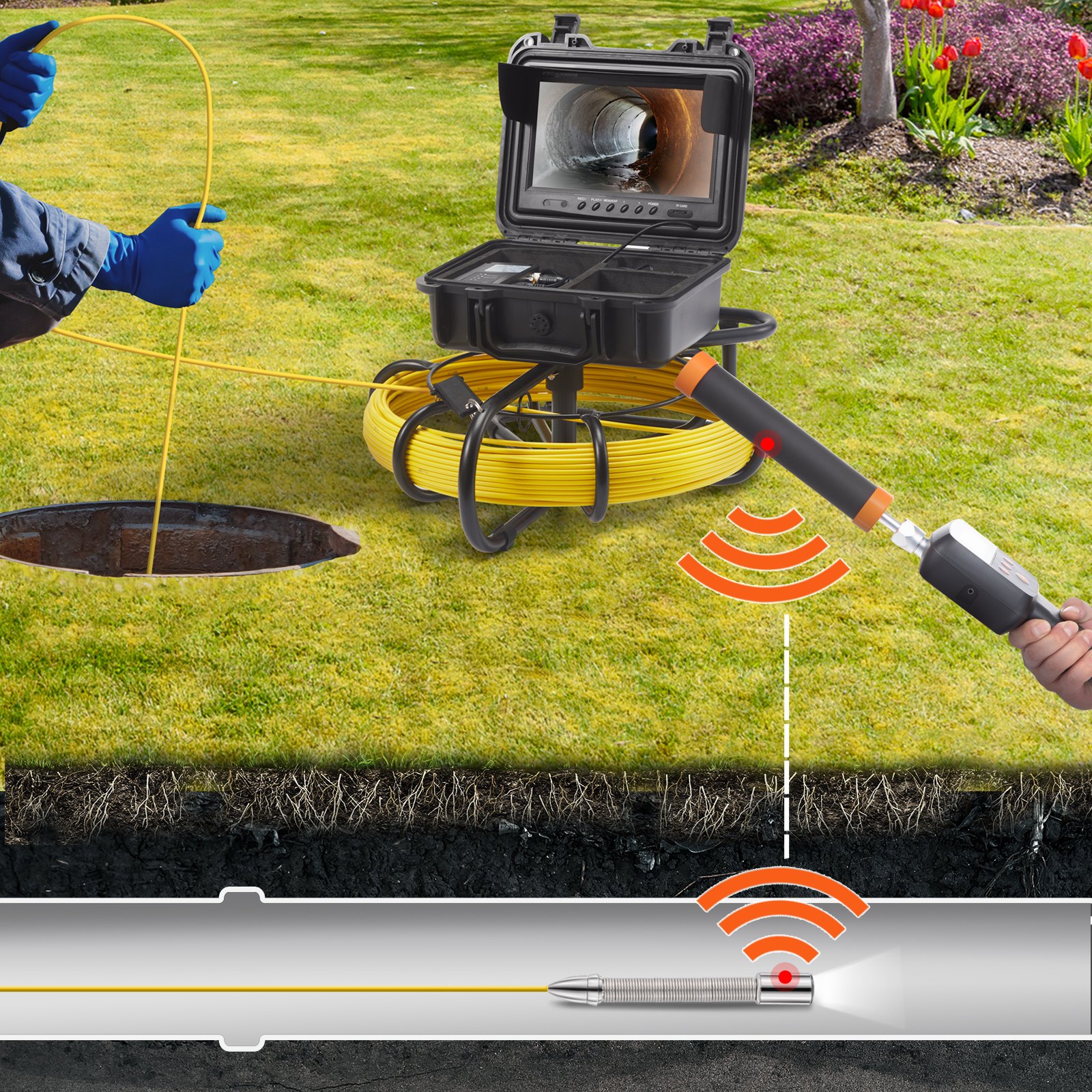 VEVOR Cámara Endoscópica de Drenaje Pantalla de 9" con IP68 Impermeable Batería de 4500 mAh 12 LED Ajustable Cable de 50m Tarjeta SD de 16GB para Tubería de Alcantarillado Drenaje de Plomería en Hogar