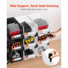VEVOR Cajas Apilables de Almacenamiento Abiertas, 377 x 215 x 180 mm, para Organizar y Guardar Piezas Pequeñas, Material de Oficina y Otros Accesorios, en Negro y Transparente, Paquete de 12