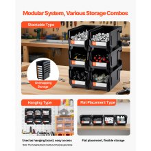 VEVOR Cajas Apilables de Almacenamiento Abiertas, 377 x 215 x 180 mm, para Organizar y Guardar Piezas Pequeñas, Material de Oficina y Otros Accesorios, en Negro y Transparente, Paquete de 12