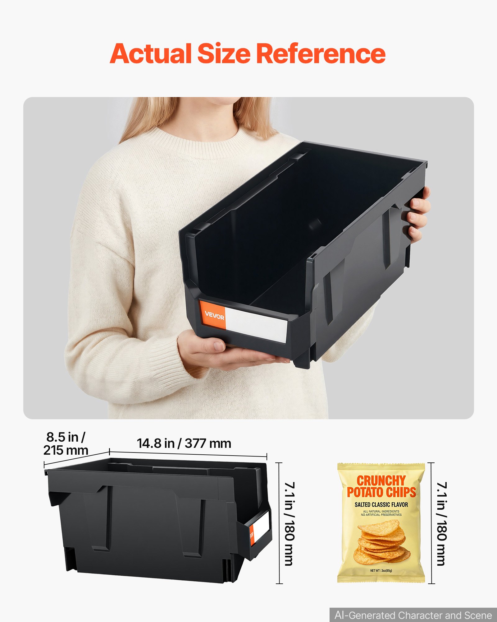 VEVOR Cajas Apilables de Almacenamiento Abiertas, 377 x 215 x 180 mm, para Organizar y Guardar Piezas Pequeñas, Material de Oficina y Otros Accesorios, en Negro y Transparente, Paquete de 12