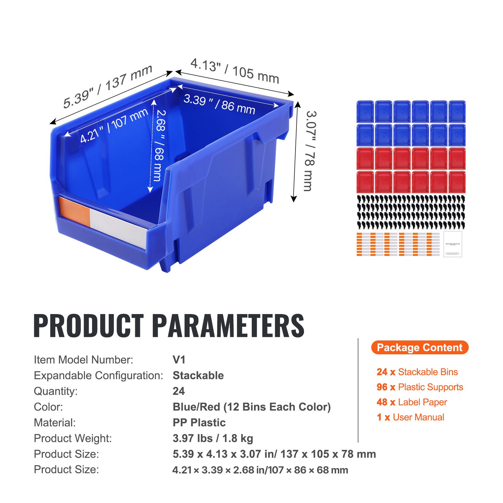 VEVOR Contenedor de Pernos 24 Cajas de Almacenamiento Apilables para Taller 137 x 105 x 78 mm Combinación Azul/Roja Contenedor de Herramientas para Armario, Cocina, Oficina, Despensa, Estante, Pared