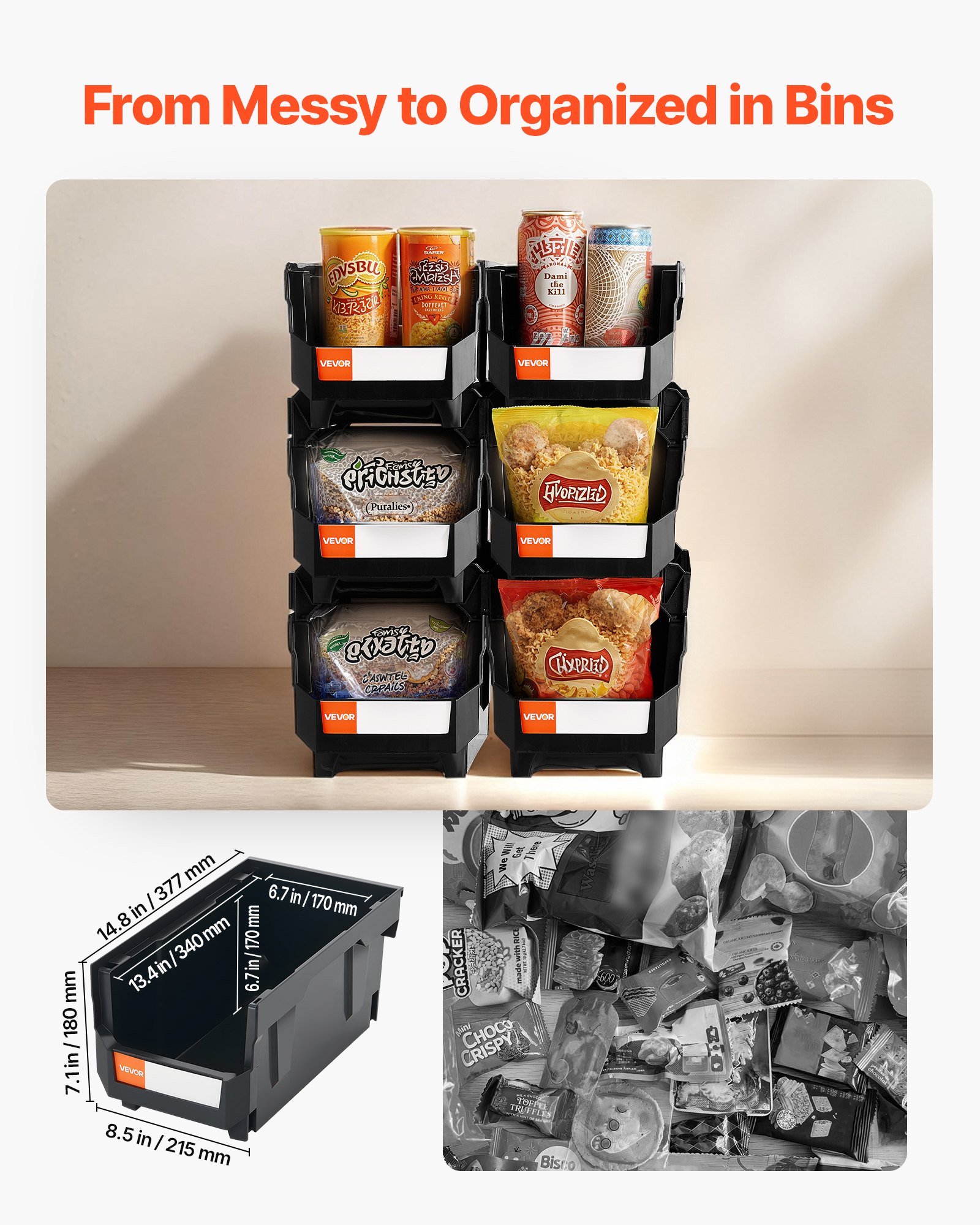 VEVOR Cajas Apilables, 377 x 215 x 180 mm, Cajas de Almacenamiento con Apertura Frontal, para Organizar y Guardar Piezas Pequeñas, Suministros de Oficina y Otros Accesorios, Color Negro, 6 uds