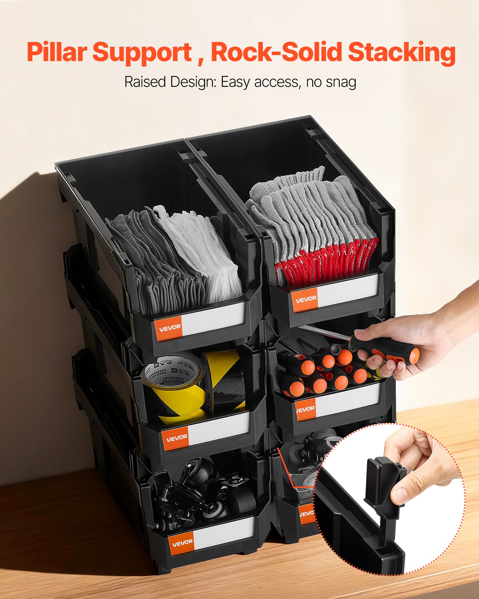 VEVOR Cajas Apilables, 377 x 215 x 180 mm, Cajas de Almacenamiento con Apertura Frontal, para Organizar y Guardar Piezas Pequeñas, Suministros de Oficina y Otros Accesorios, Color Negro, 6 uds