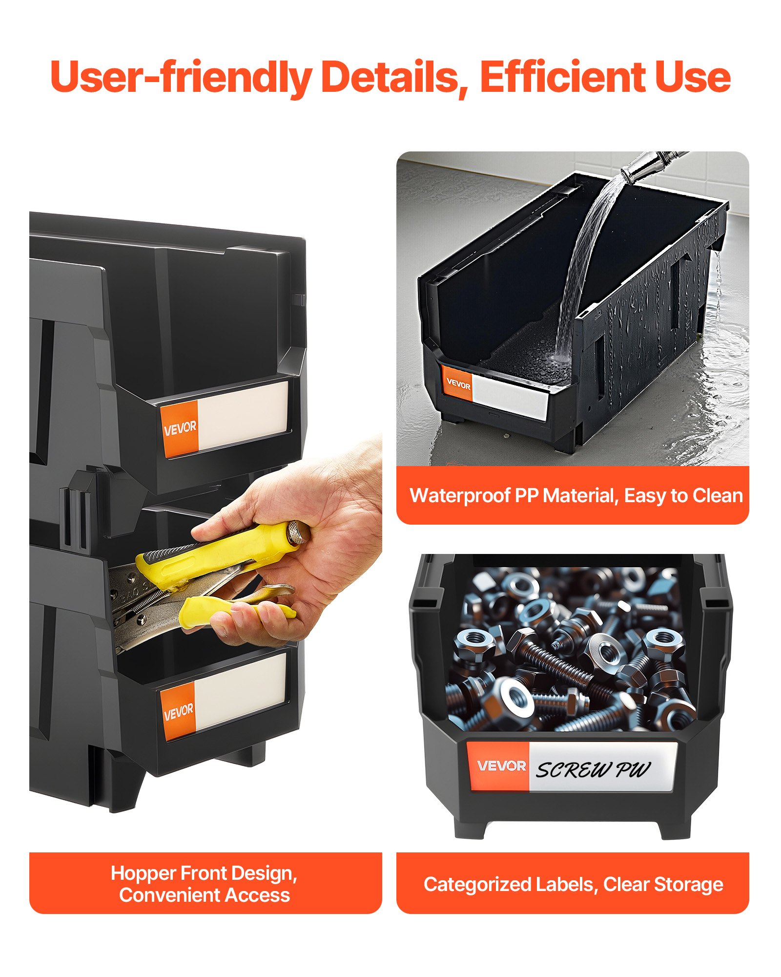 VEVOR Cajas Apilables, 377 x 215 x 180 mm, Cajas de Almacenamiento con Apertura Frontal, para Organizar y Guardar Piezas Pequeñas, Suministros de Oficina y Otros Accesorios, Color Negro, 6 uds