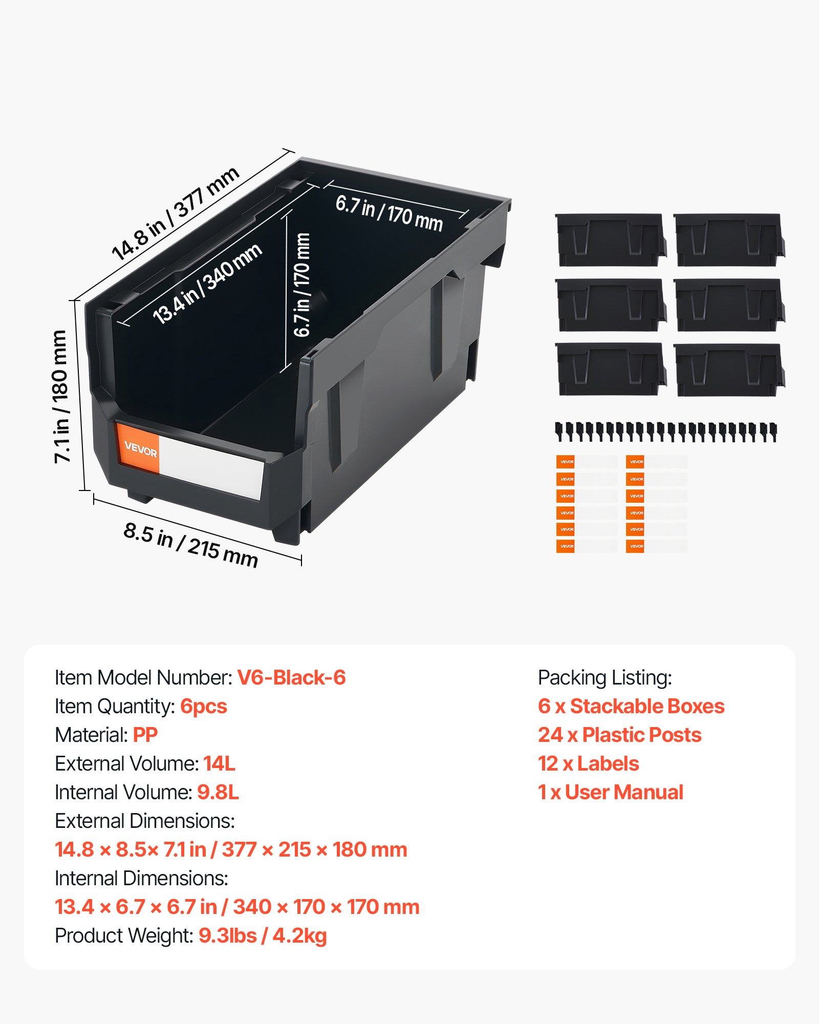 VEVOR Cajas Apilables, 377 x 215 x 180 mm, Cajas de Almacenamiento con Apertura Frontal, para Organizar y Guardar Piezas Pequeñas, Suministros de Oficina y Otros Accesorios, Color Negro, 6 uds