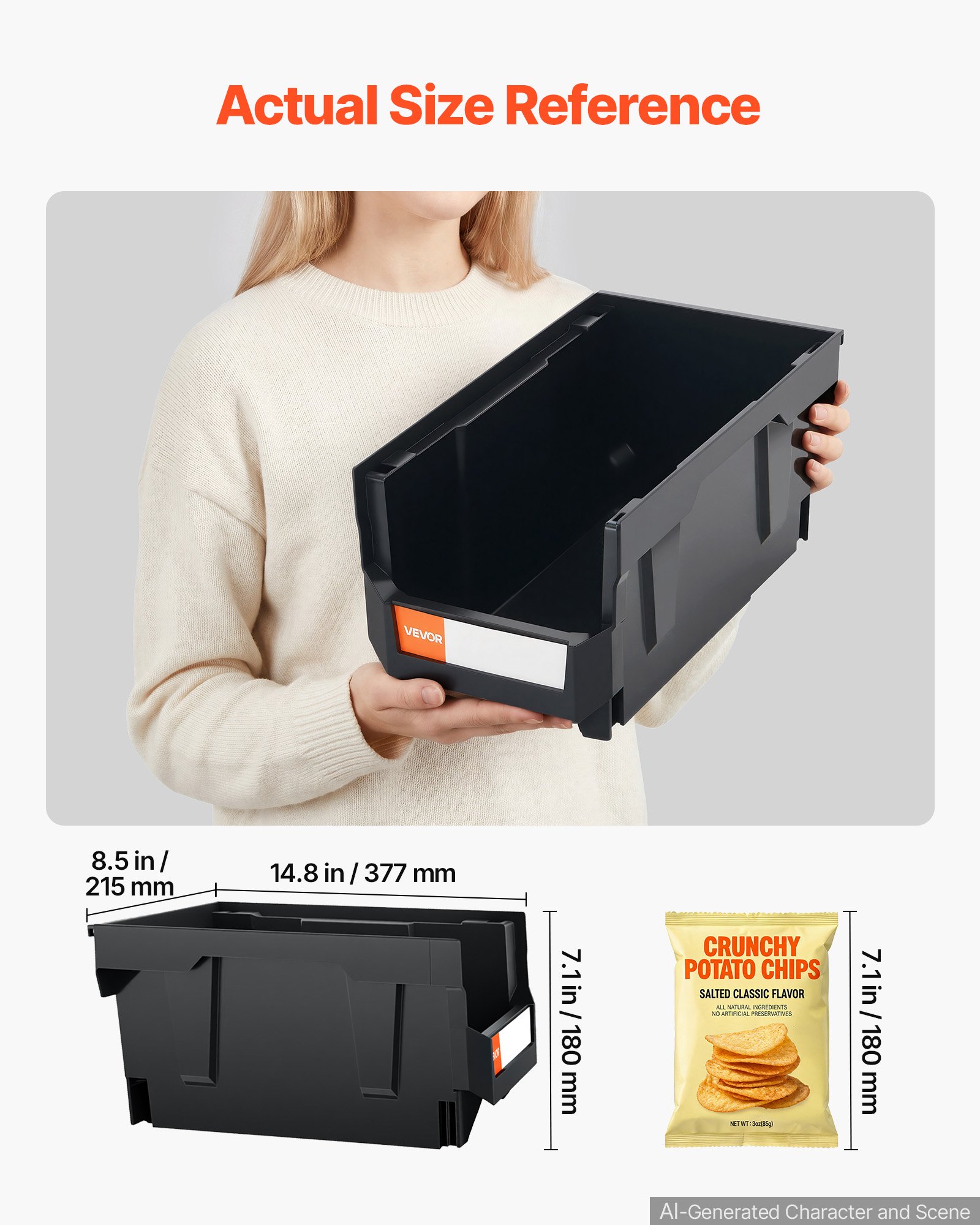 VEVOR Cajas Apilables, 377 x 215 x 180 mm, Cajas de Almacenamiento con Apertura Frontal, para Organizar y Guardar Piezas Pequeñas, Suministros de Oficina y Otros Accesorios, Color Negro, 6 uds