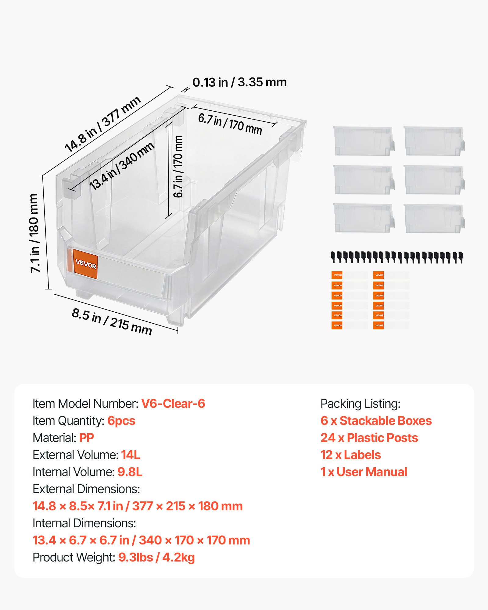 VEVOR Cajas Apilables, 377 x 215 x 180 mm, Cajas de Almacenamiento Transparentes para Organizar y Almacenar, para Armarios, Garajes, Piezas Pequeñas, Suministros de Oficina y Otros Accesorios