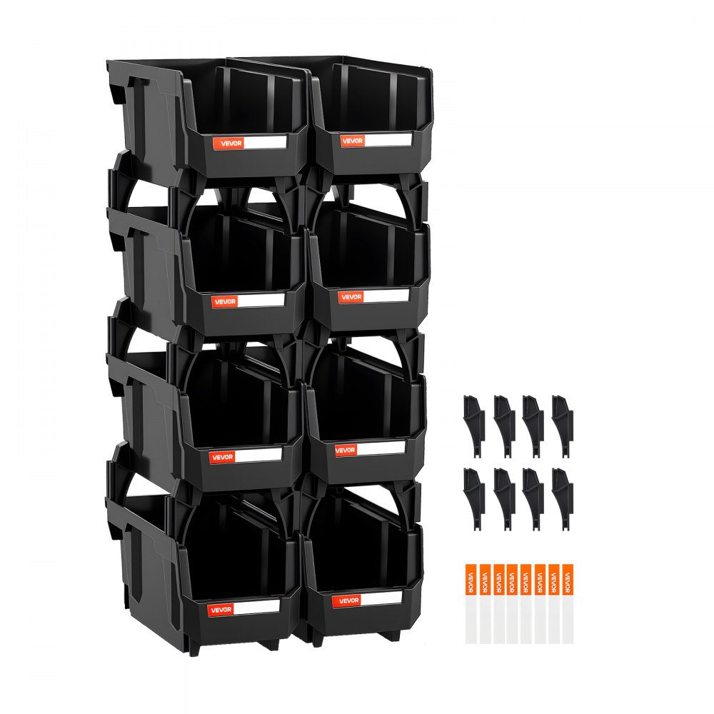 VEVOR Cajas Apilables de Almacenamiento, 276 x 140 x 130 mm, Transparentes, Plástico PP Resistente, para Organizar y Guardar Piezas Pequeñas, Material de Oficina y Otros Accesorios, Negro, 8 uds
