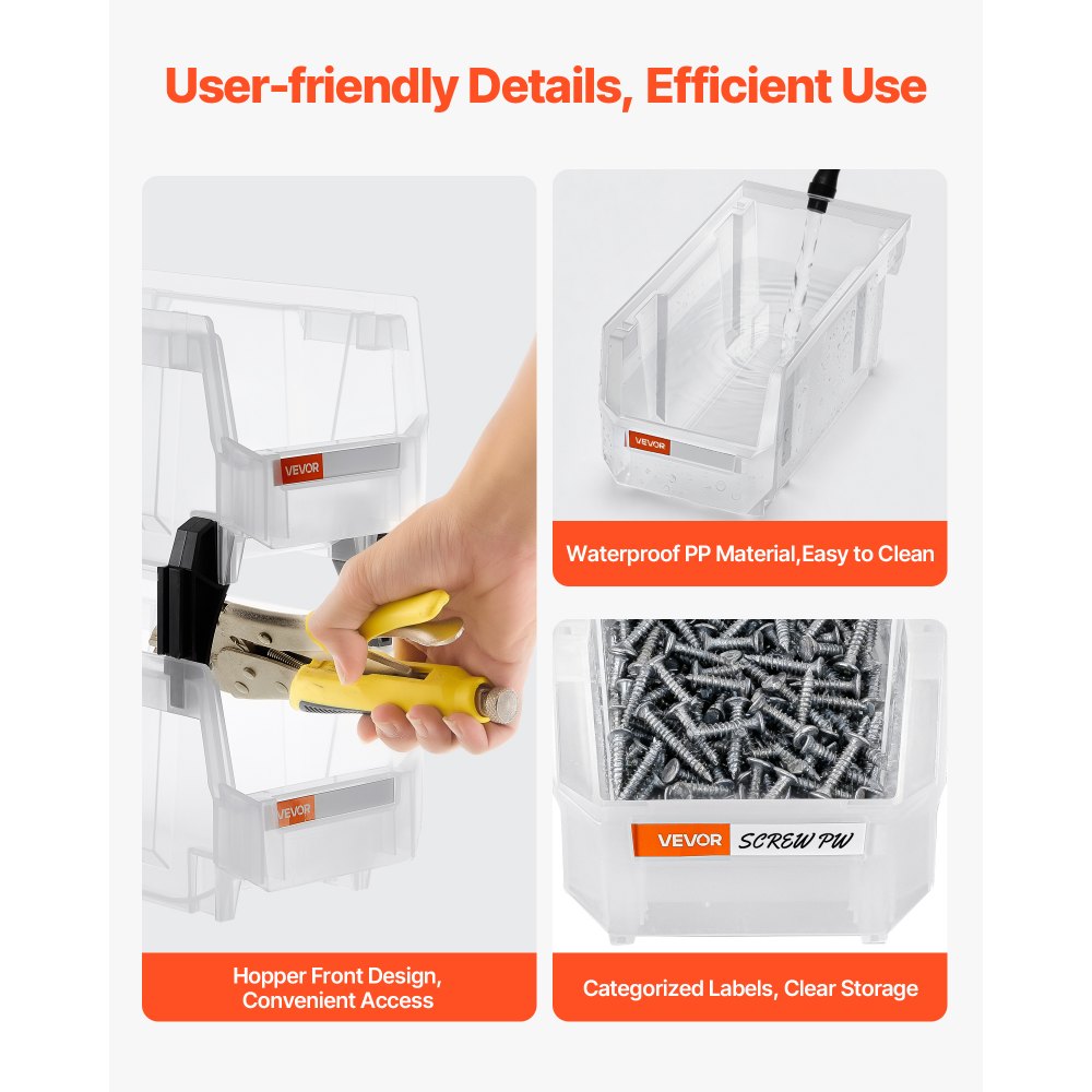 VEVOR Plastic Stackable Storage Bins, 27.6 x 14 x 13 cm (8 Pack), Plastic Containers for Organizing & Storage Bins for Closet, Garage, Small Parts, Office Supplies, Other Accessories, Transparent