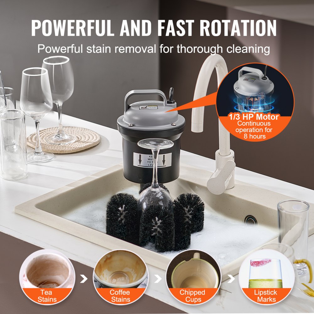 VEVOR Electric Glass Washer and Glass Cleaner with 5 Brushes for Bars, 1200 Cups/Hour Wine Glass Cleaning Machine, Glass Washer for Champagne Glasses, Beer Steins, and Mugs, Perfect for Bars and Cafes