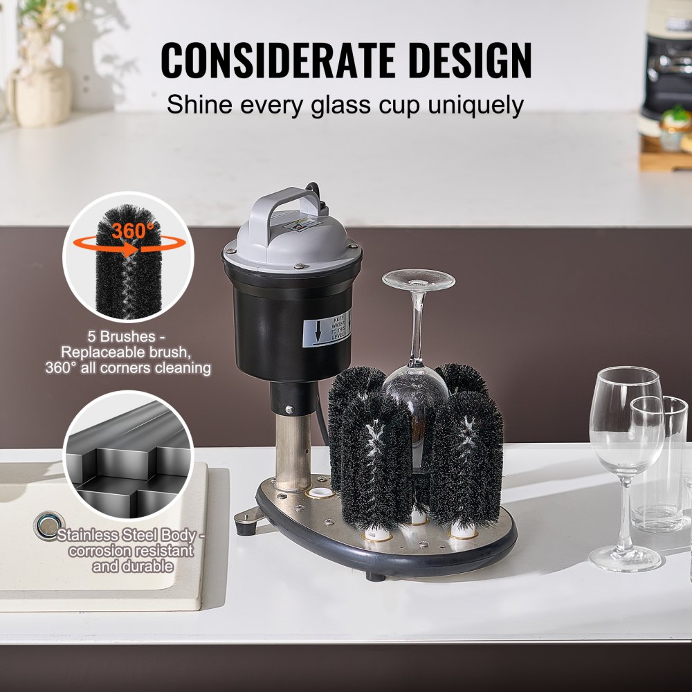 VEVOR Electric Glass Washer and Glass Cleaner with 5 Brushes for Bars, 1200 Cups/Hour Wine Glass Cleaning Machine, Glass Washer for Champagne Glasses, Beer Steins, and Mugs, Perfect for Bars and Cafes
