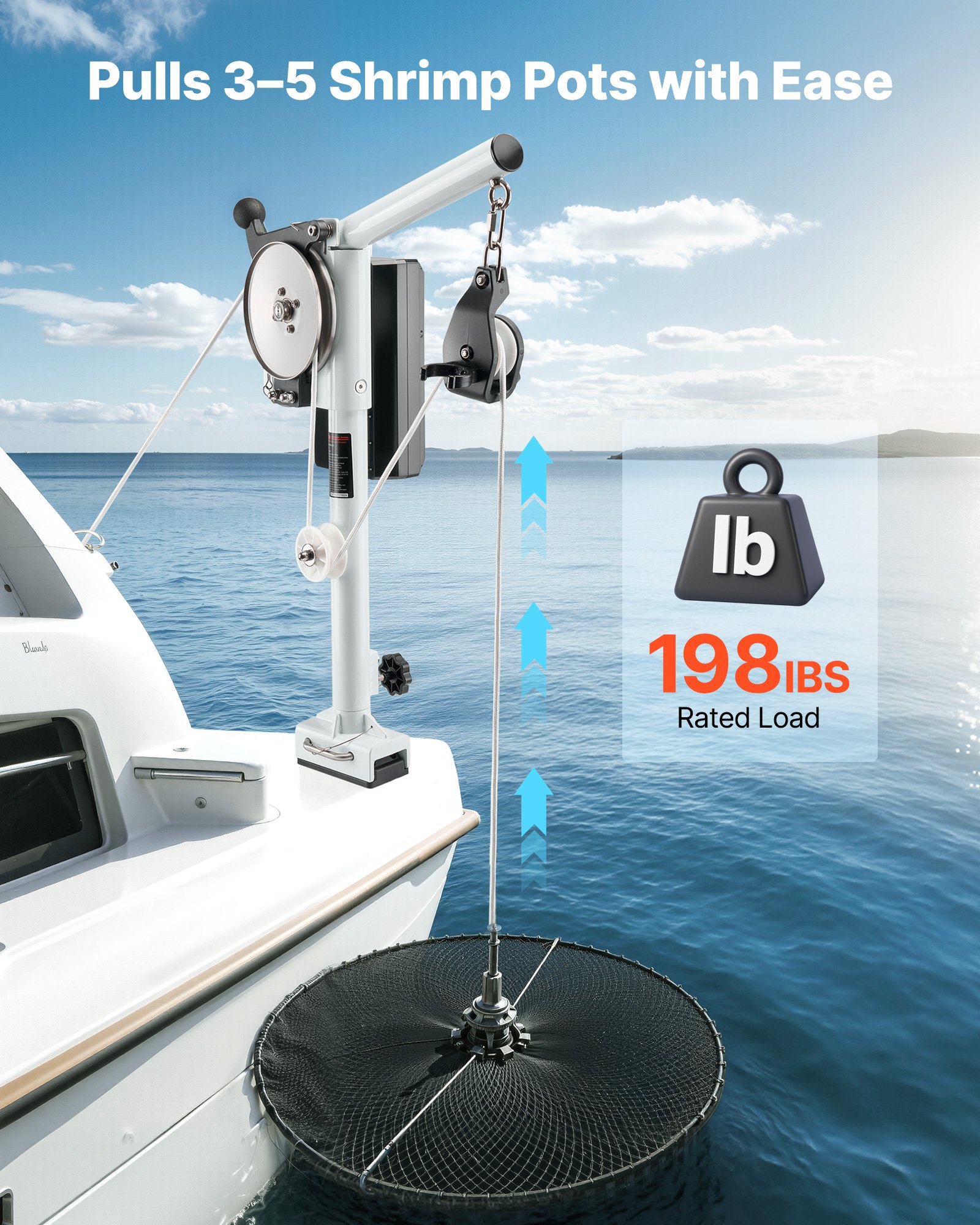 VEVOR Extractor de Nasas para Línea de Pesca, 1200 W, Capacidad de Elevación 90 kg, Velocidad de Línea 35 m/min, Rotación 360° y Resistente a la Corrosión, para Cangrejos, Camarones y Langostas