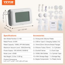 VEVOR Extractor de Leche Eléctrico Simple/Doble Ajustable 4 Modos 9/15 Niveles Bomba de Pistón Alternativo Succión Antirreflujo 300 mmHg Correas para el Pecho 18/22 mm para Lactancia Viajes Hogar