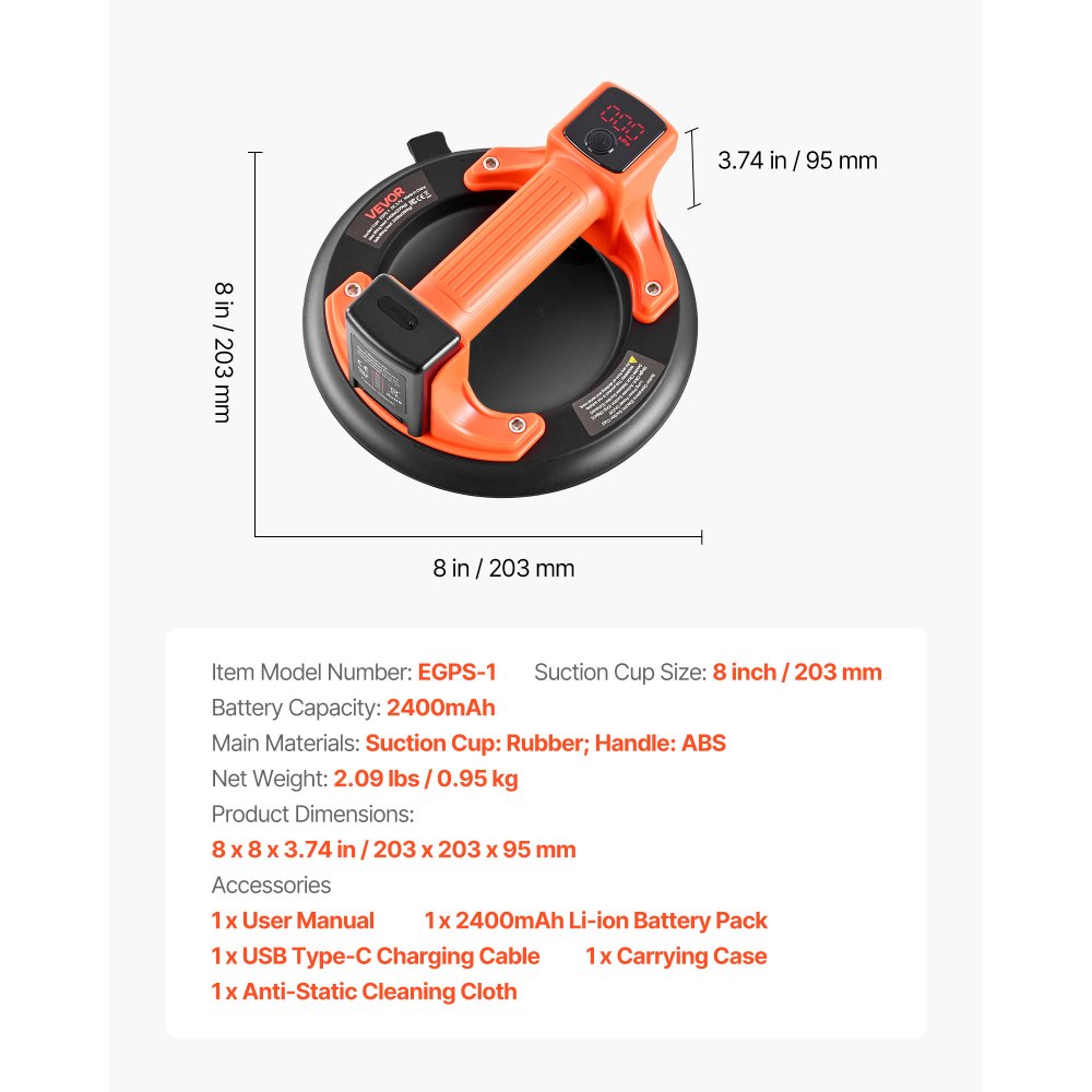 VEVOR Elevador de Succión Inalámbrico, Elevador de Vidrio por Vacío de 203 mm con Pantalla Digital para Potencia de Succión y Nivel de Batería, Capacidad 200 kg, para Levantar Azulejos, Granito