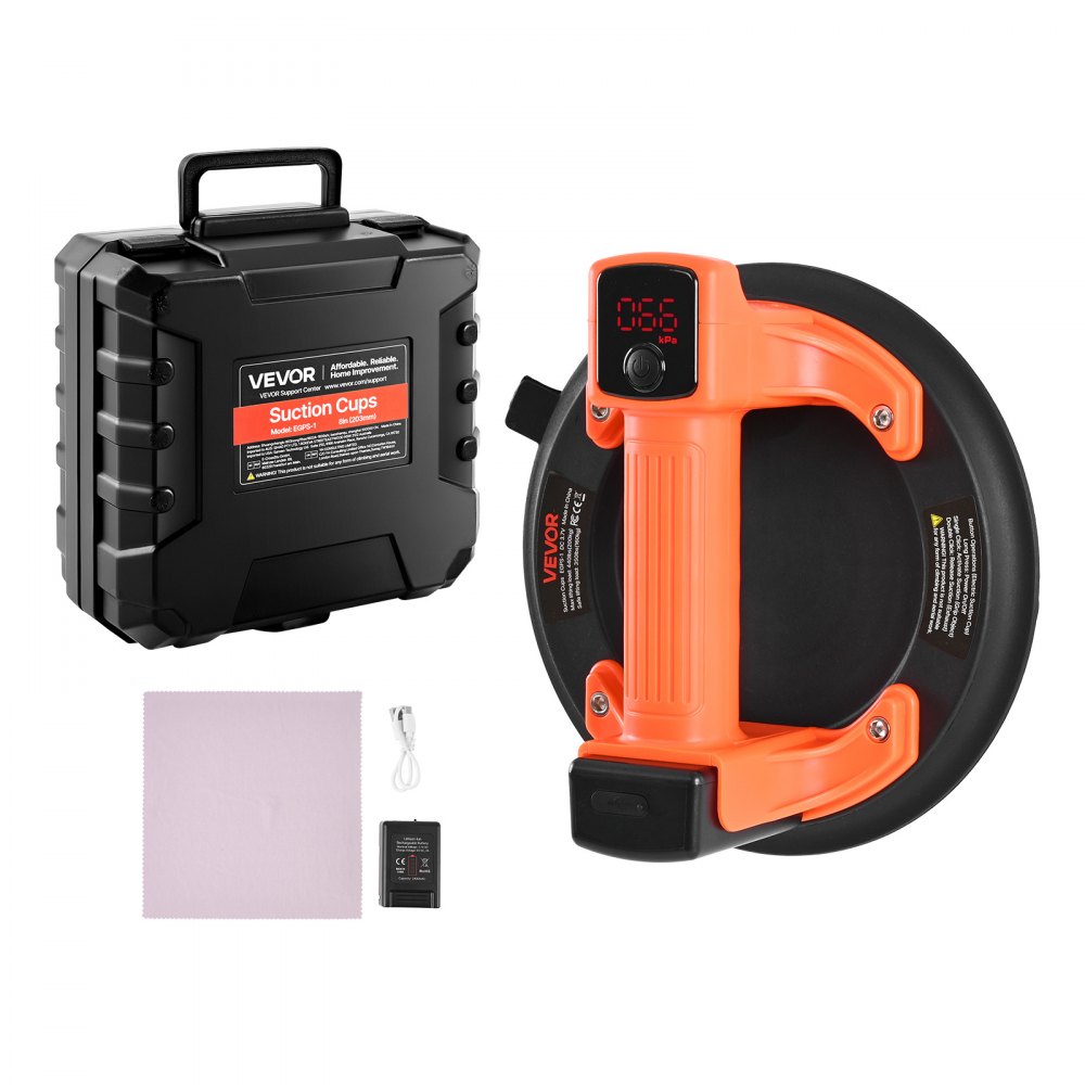 VEVOR Elevador de Succión Inalámbrico, Elevador de Vidrio por Vacío de 203 mm con Pantalla Digital para Potencia de Succión y Nivel de Batería, Capacidad 200 kg, para Levantar Azulejos, Granito