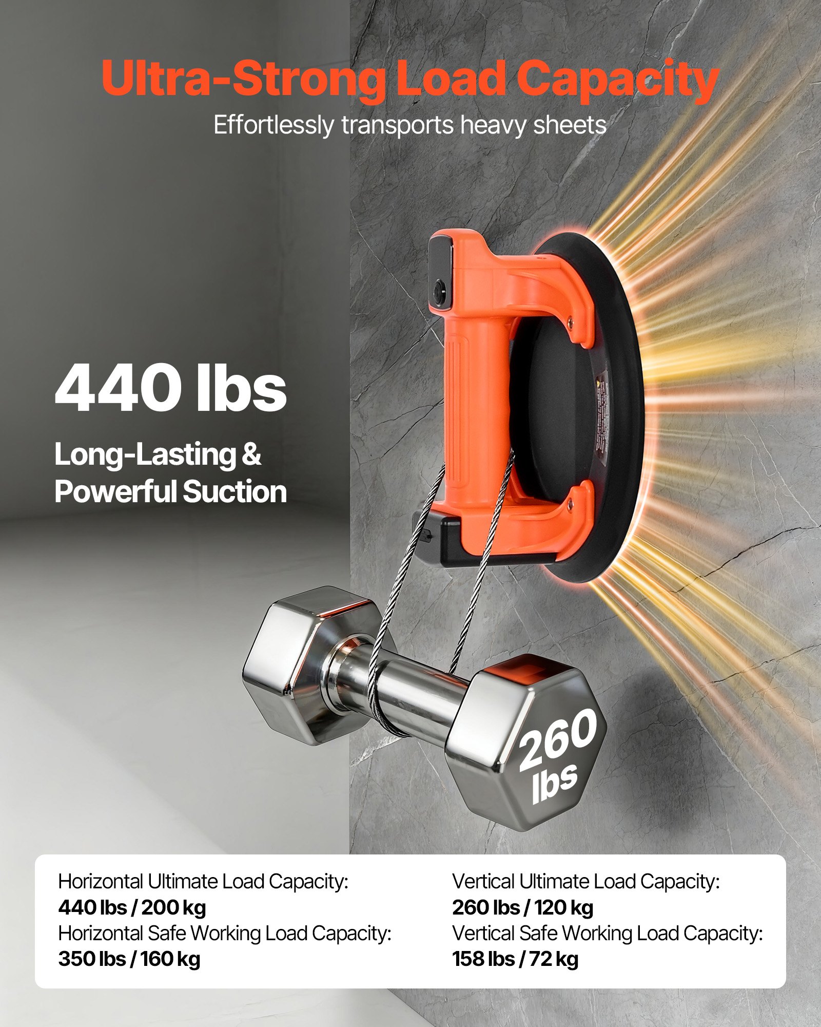 VEVOR Elevador de Succión Inalámbrico, Elevador de Vidrio por Vacío de 203 mm con Pantalla Digital para Potencia de Succión y Nivel de Batería, Capacidad 200 kg, para Levantar Azulejos, Granito