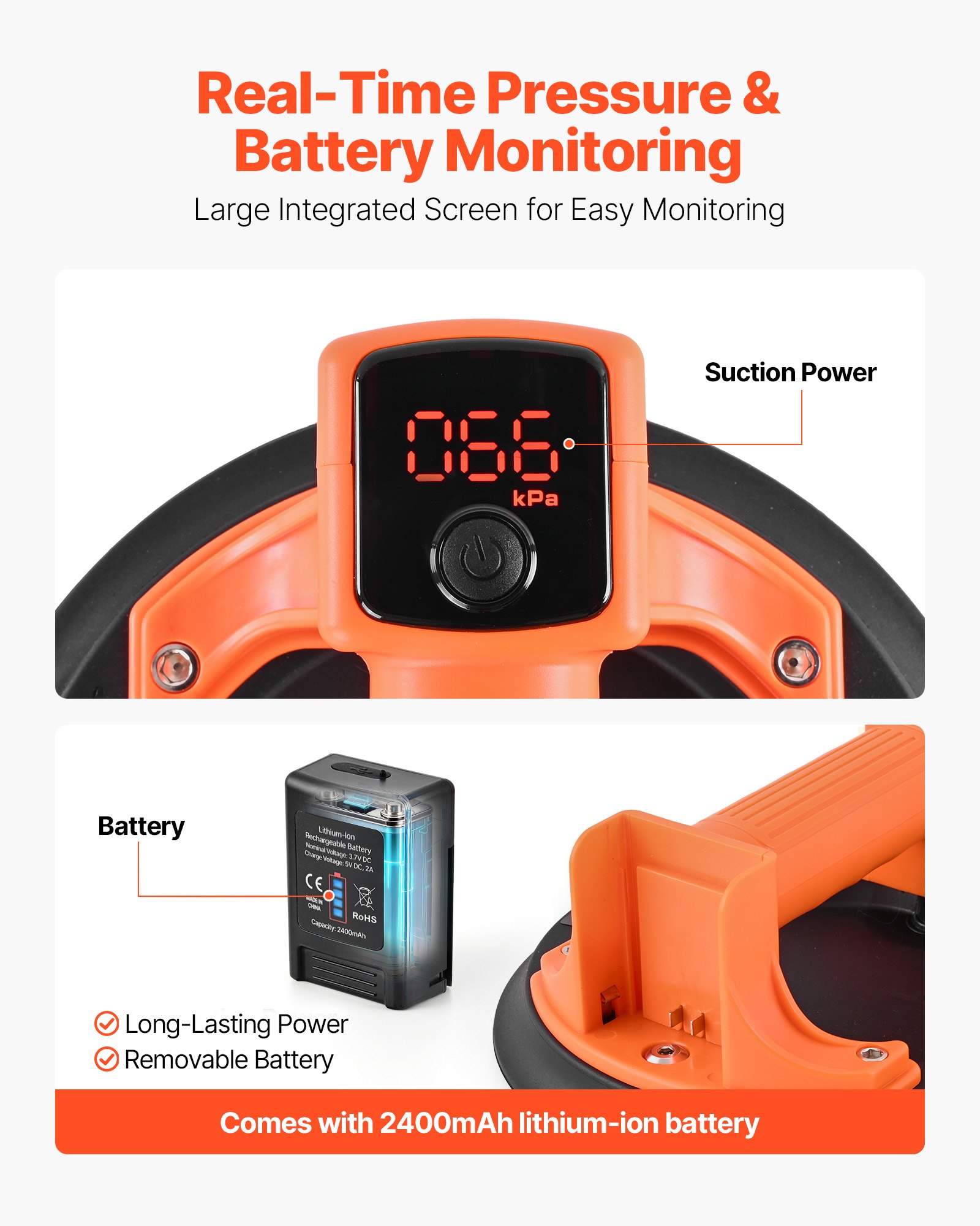 VEVOR Elevador de Succión Inalámbrico, Elevador de Vidrio por Vacío de 203 mm con Pantalla Digital para Potencia de Succión y Nivel de Batería, Capacidad 200 kg, para Levantar Azulejos, Granito