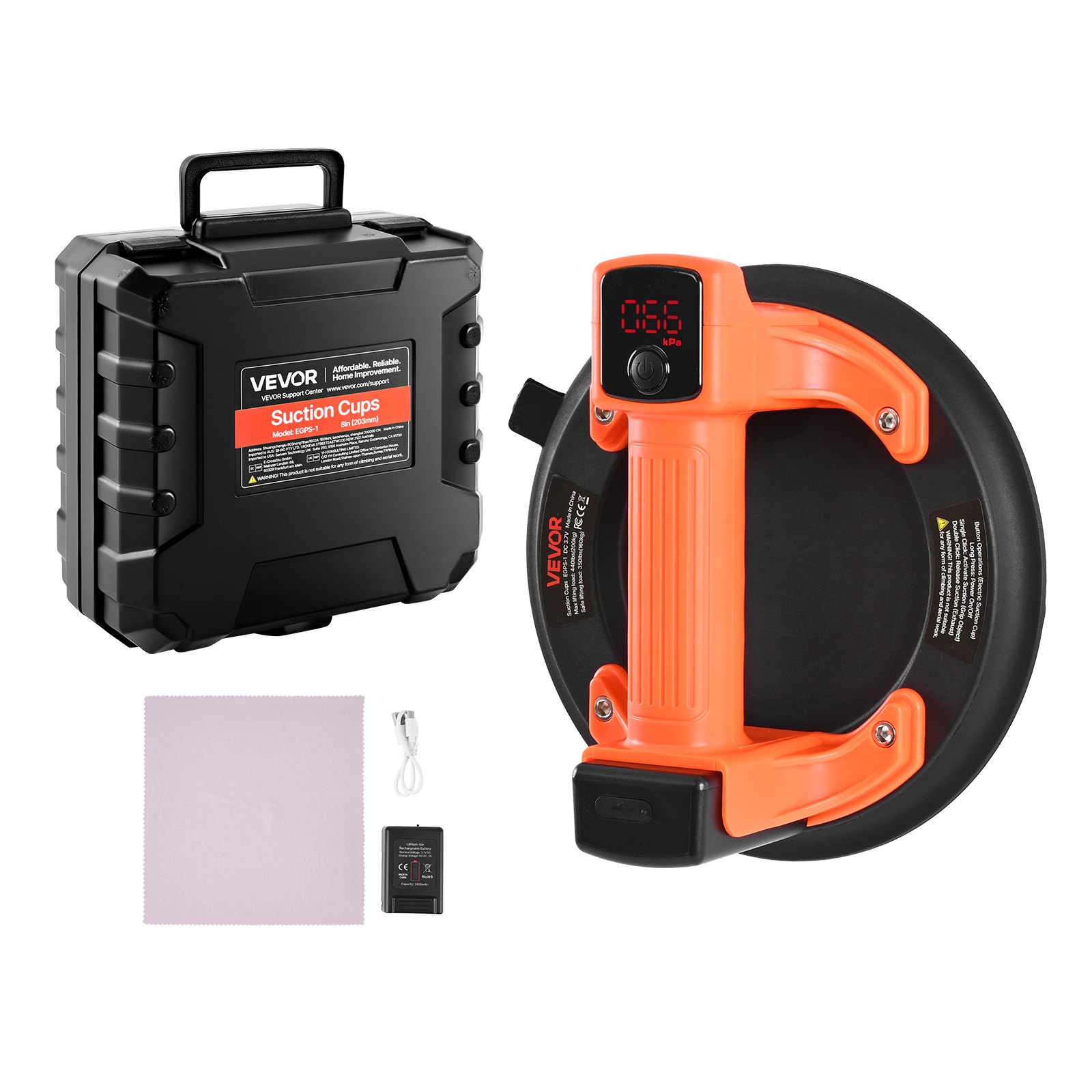 VEVOR Elevador de Succión Inalámbrico, Elevador de Vidrio por Vacío de 203 mm con Pantalla Digital para Potencia de Succión y Nivel de Batería, Capacidad 200 kg, para Levantar Azulejos, Granito